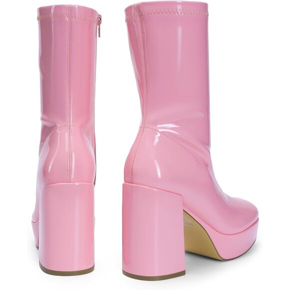 ⚡Dream Pair Women Pink Faux Leather Mid Calf Platform Block Heel Ankle Boot - Picture 5 of 7
